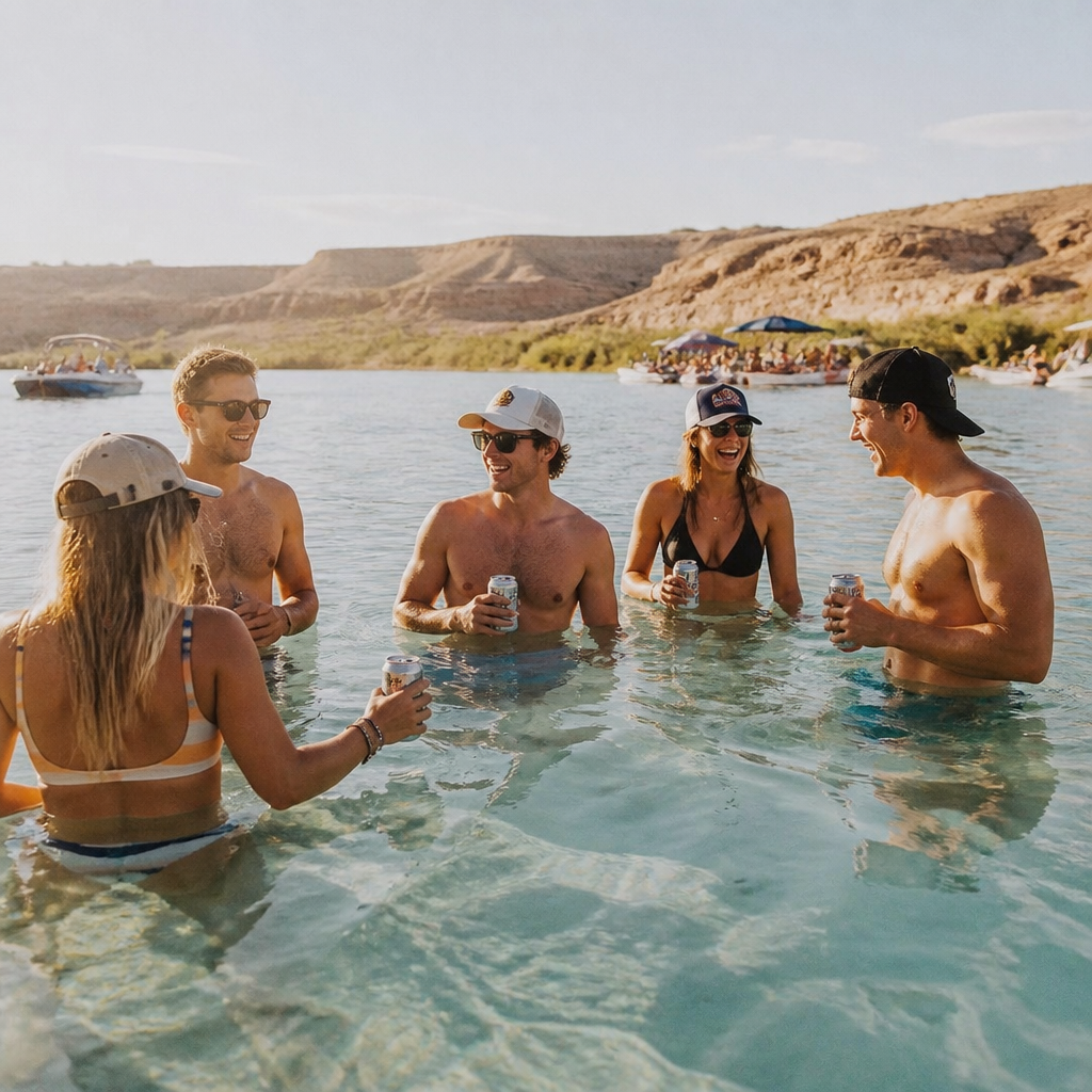 Friends standing in shallow sandbar water with cold drinks