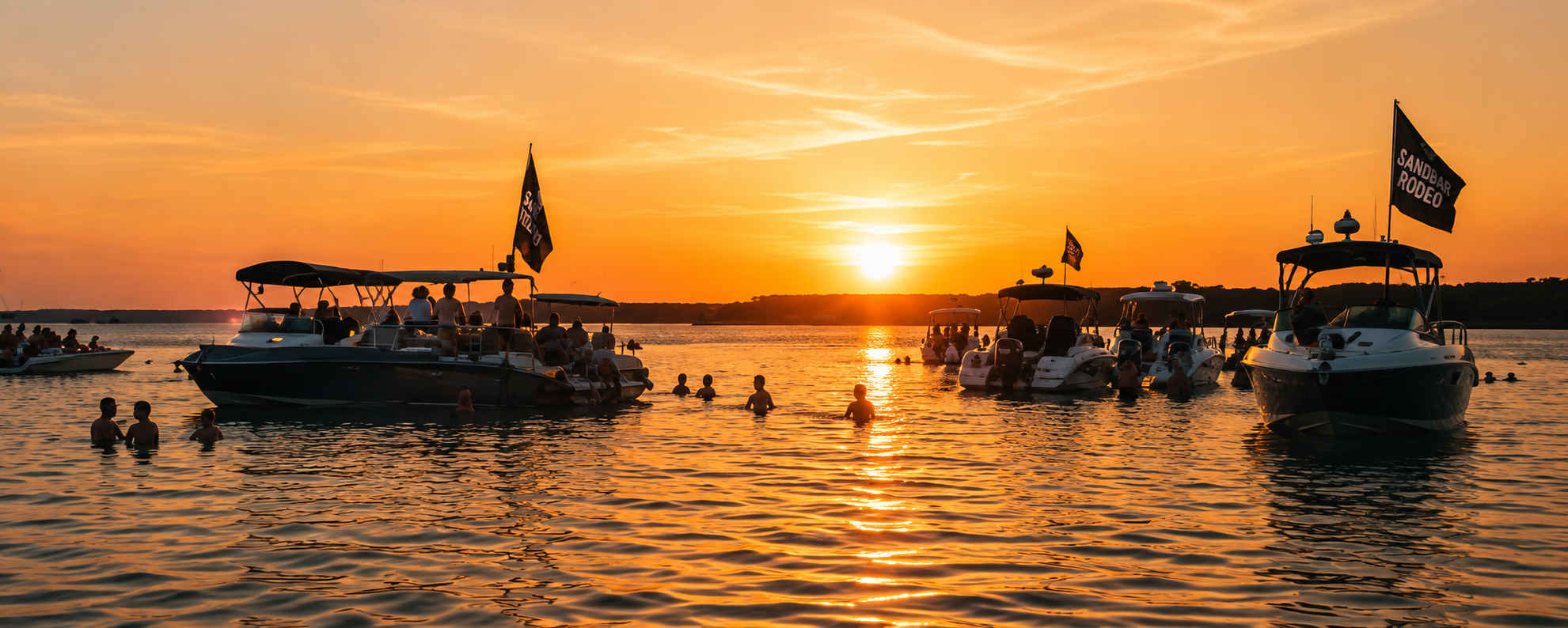 Boats flying Sandbar Rodeo flags tied up at a sandbar at sunset with people in the water