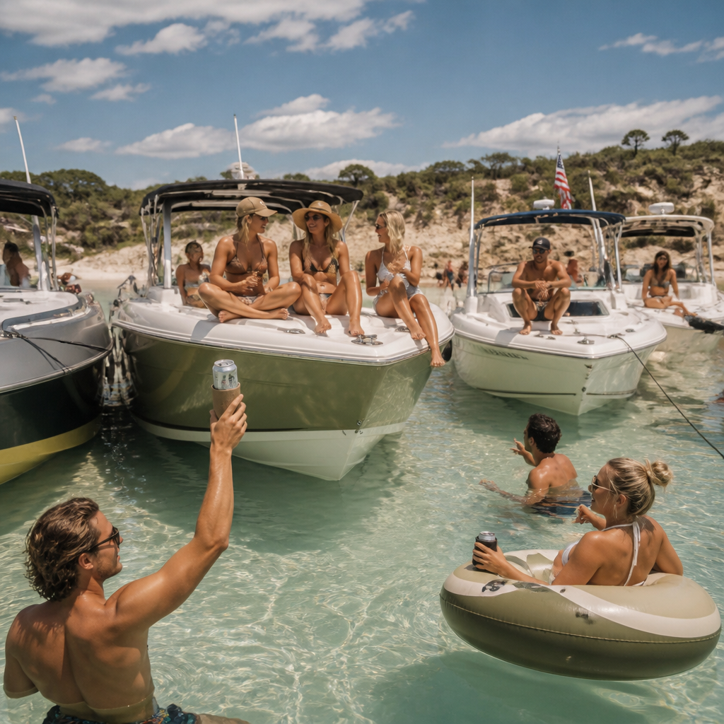 Boats rafted up on the sandbar with friends in the water