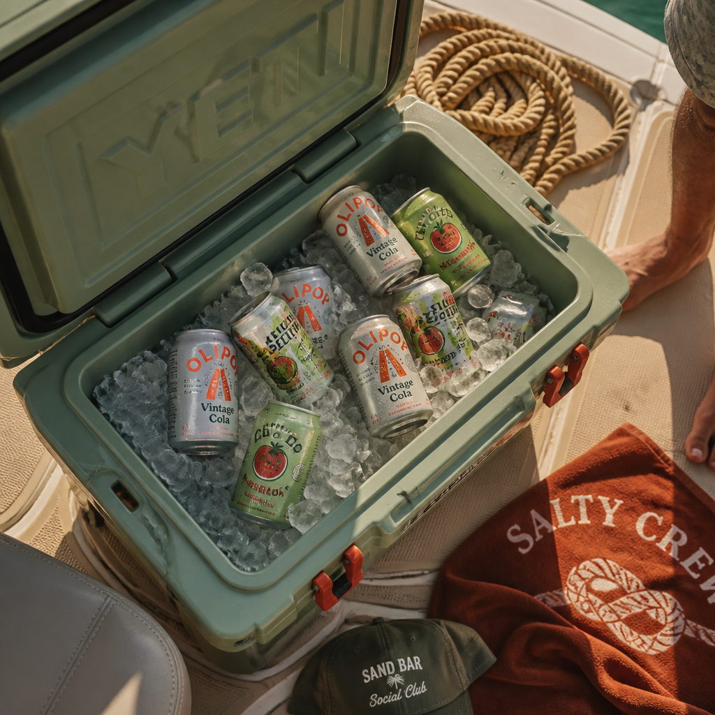 Open cooler full of ice and cold drinks on a boat deck